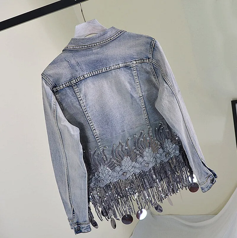 New High Quality Denim Jacket Women Sequins