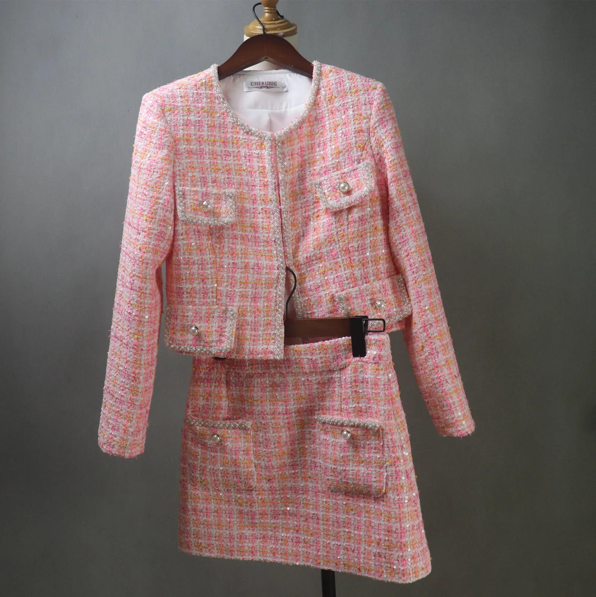 Pink Tweed Suit with Checked Pattern and Sequins