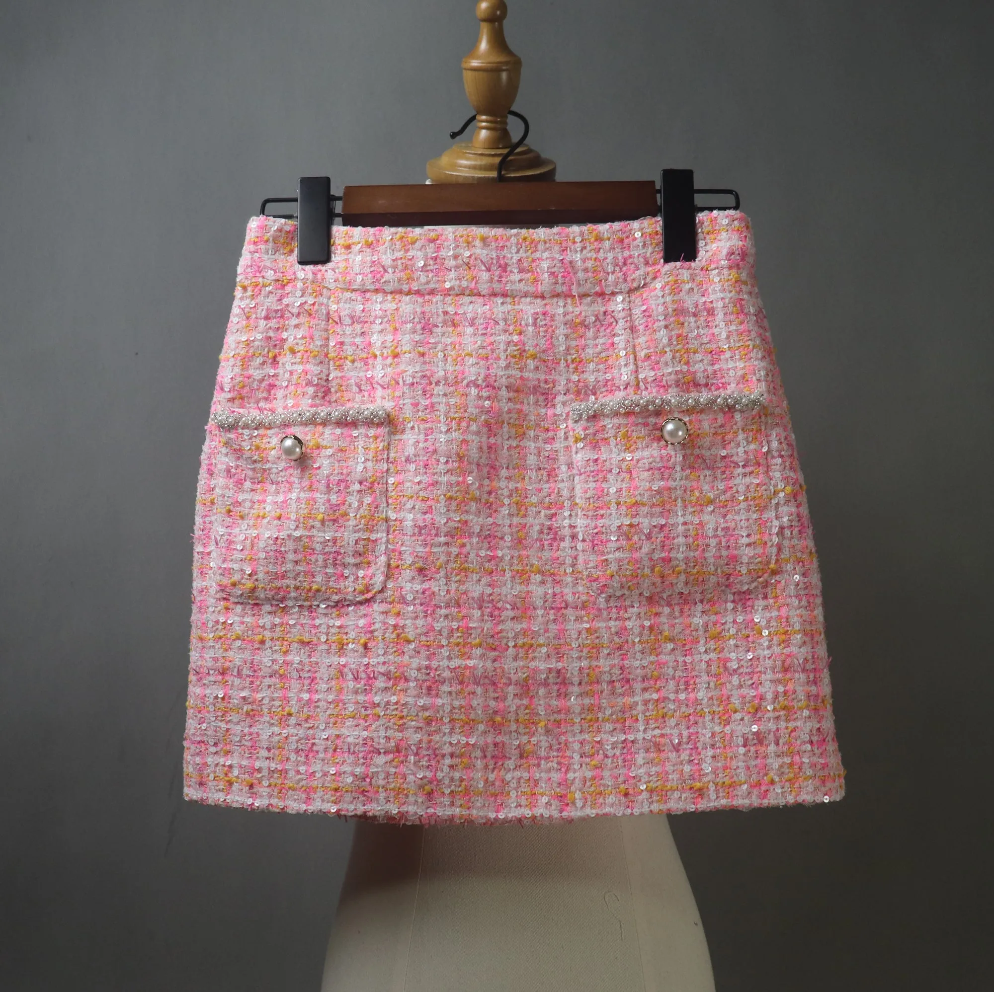 Pink Tweed Suit with Checked Pattern and Sequins