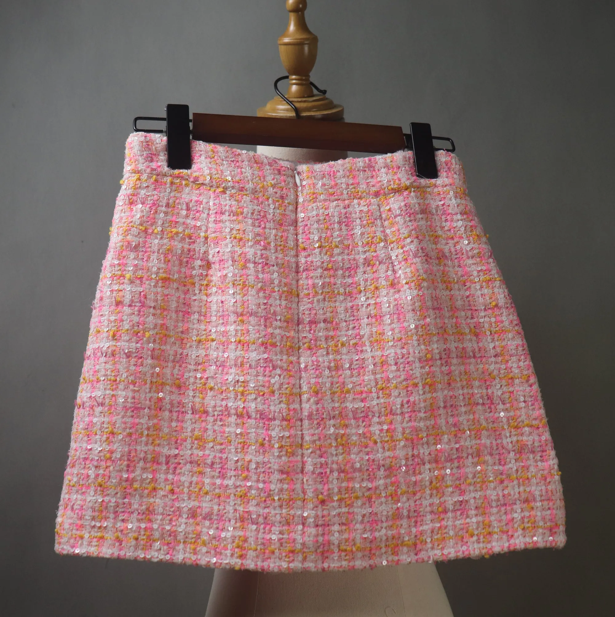 Pink Tweed Suit with Checked Pattern and Sequins