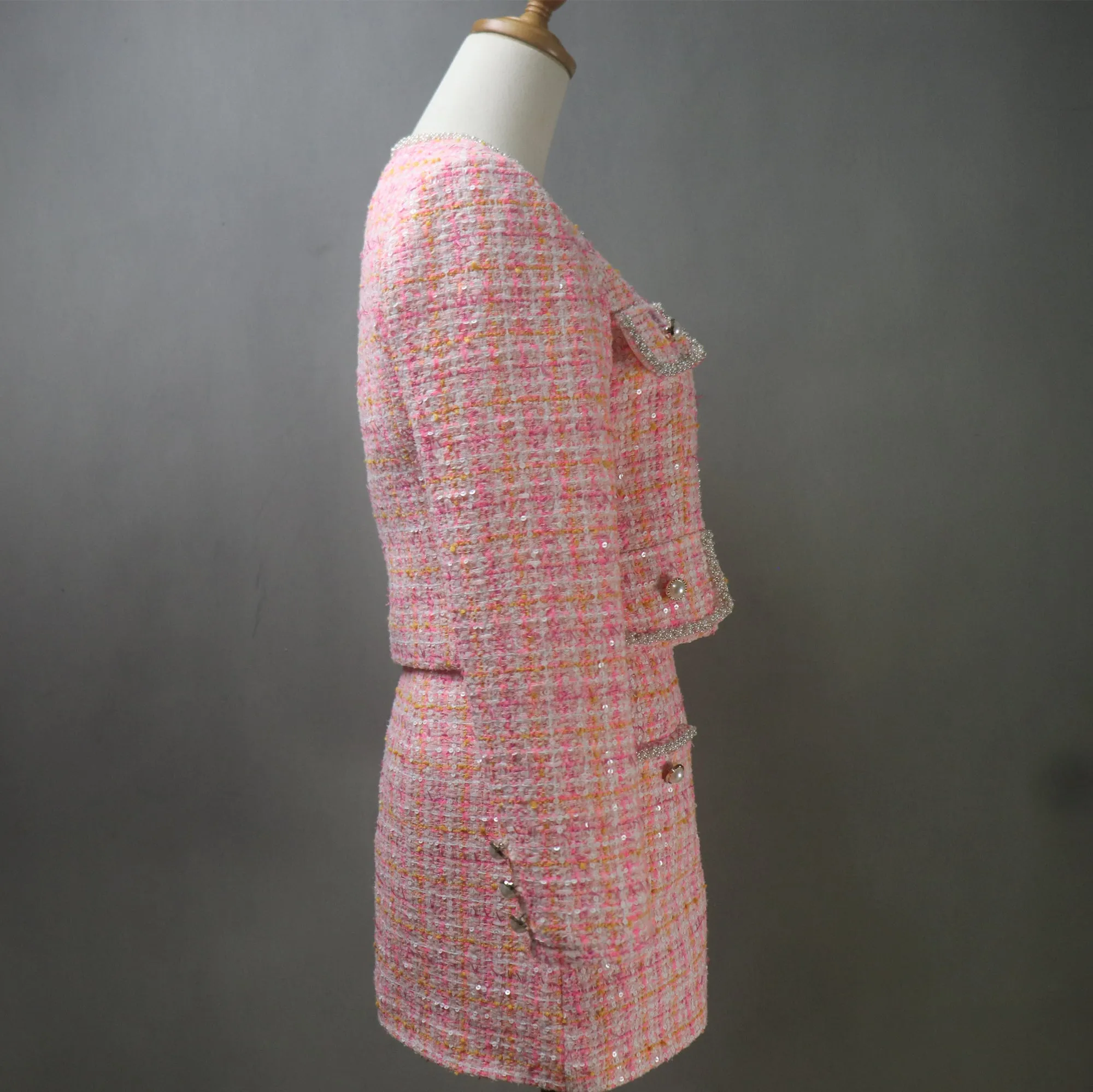 Pink Tweed Suit with Checked Pattern and Sequins