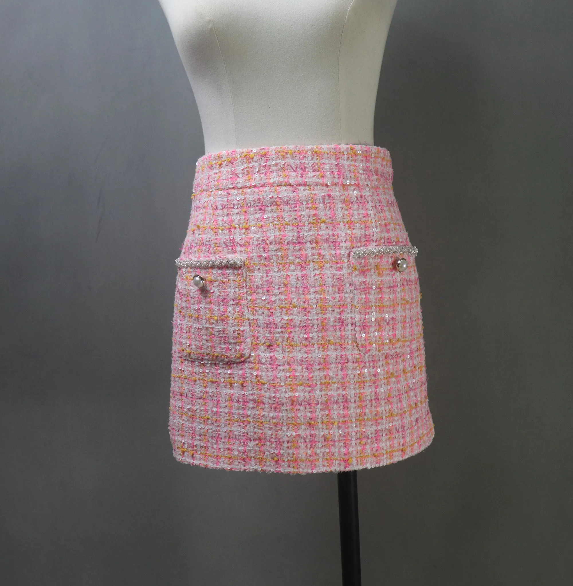 Pink Tweed Suit with Checked Pattern and Sequins