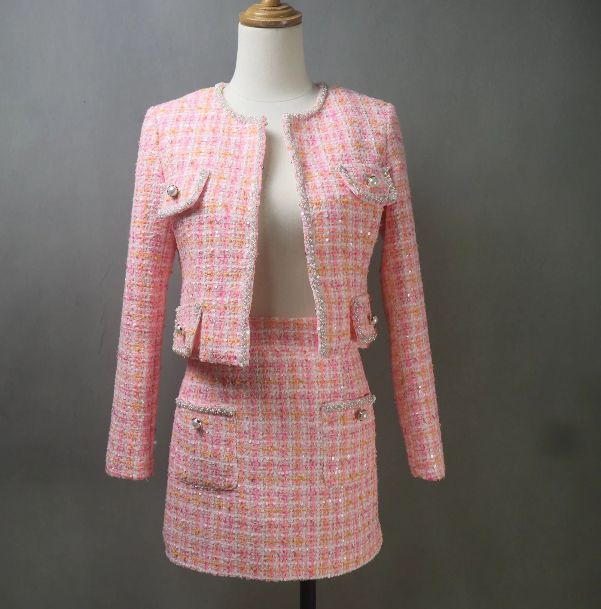 Pink Tweed Suit with Checked Pattern and Sequins