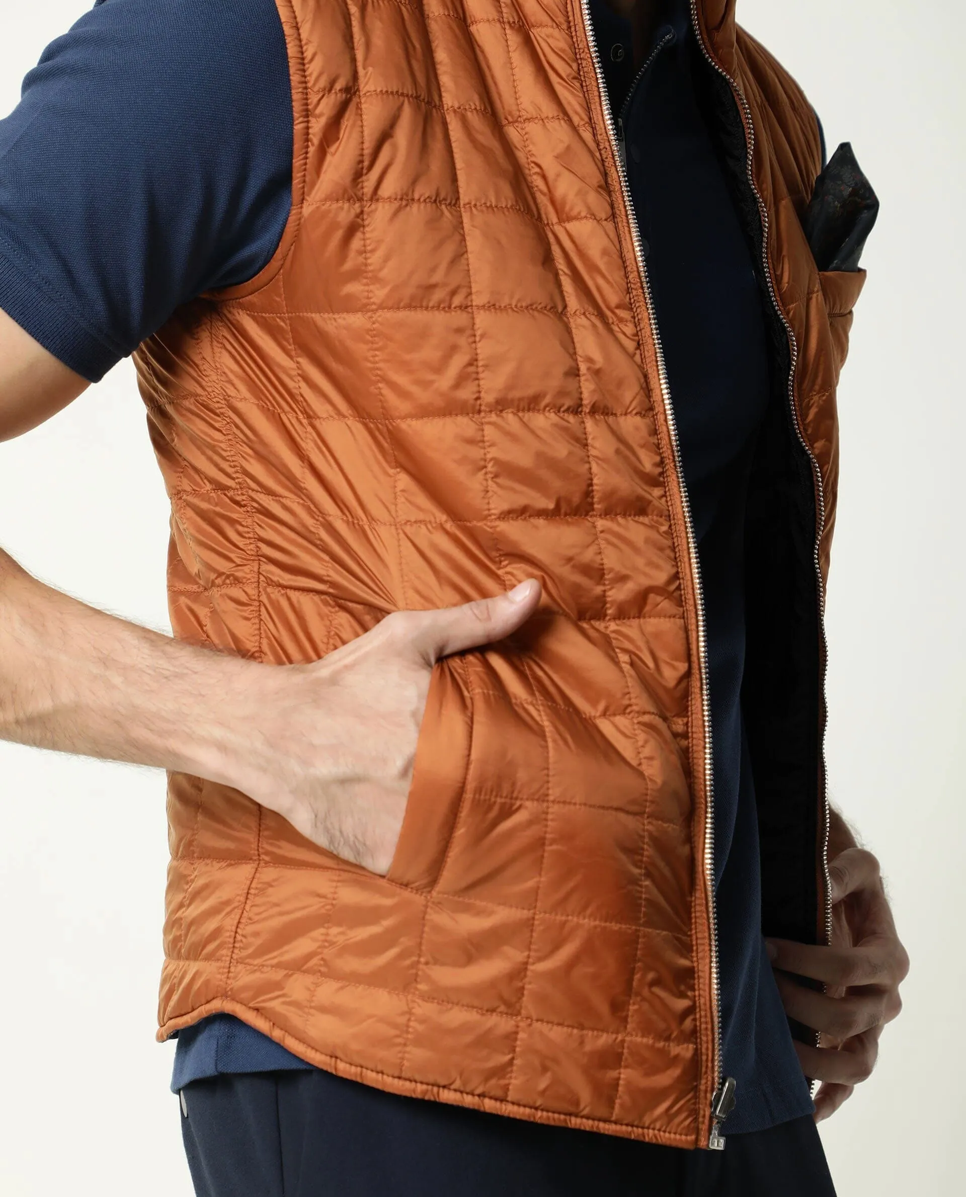 Rare Rabbit Men's Fillex Orange Solid Reversible Quilted Sleeveless Puffer Jacket