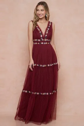 Red Embroidered Tulle Polka Dot Maxi Dress