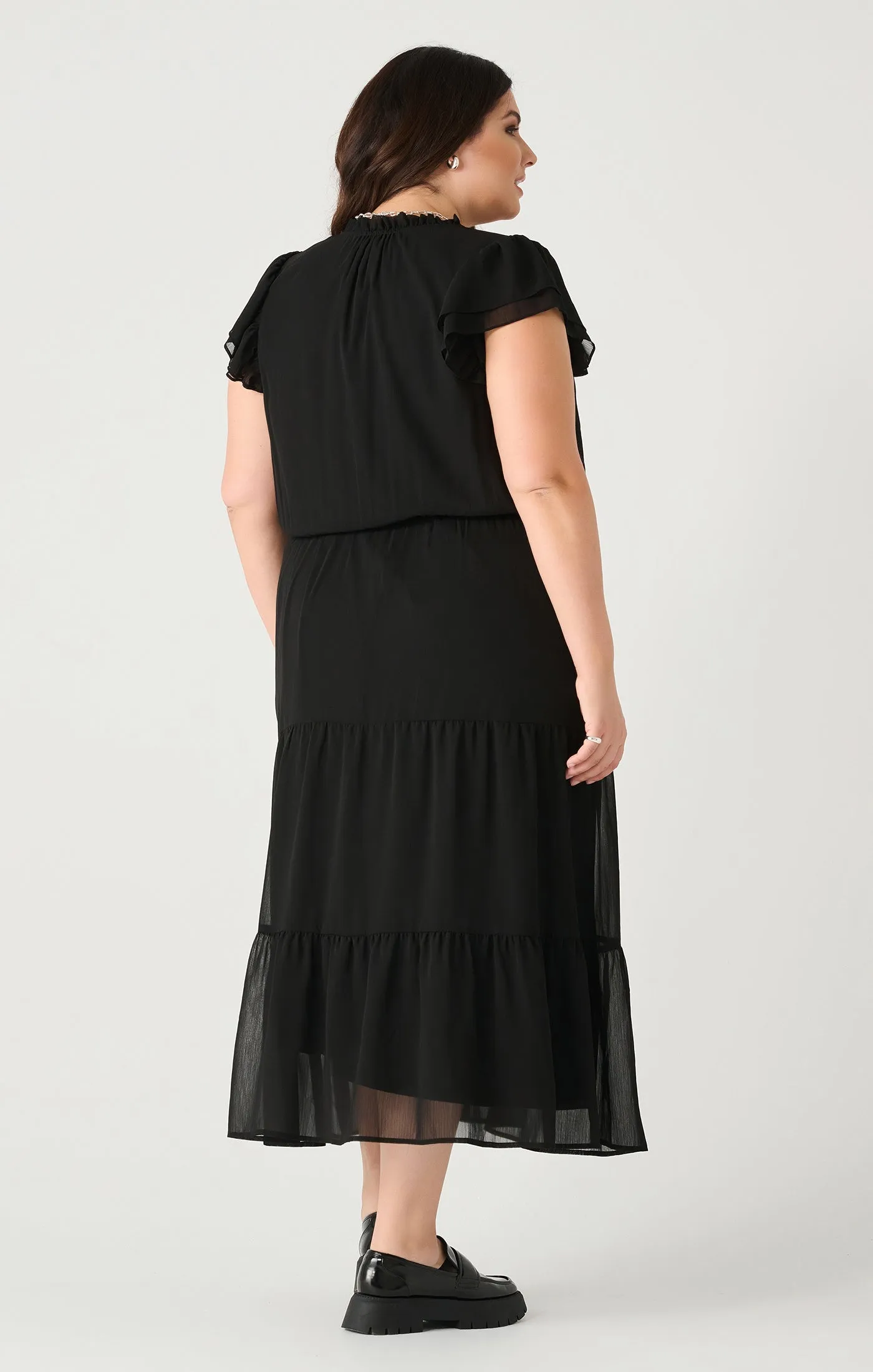 Ruffled Sleve Tiered Maxi Dress in Black