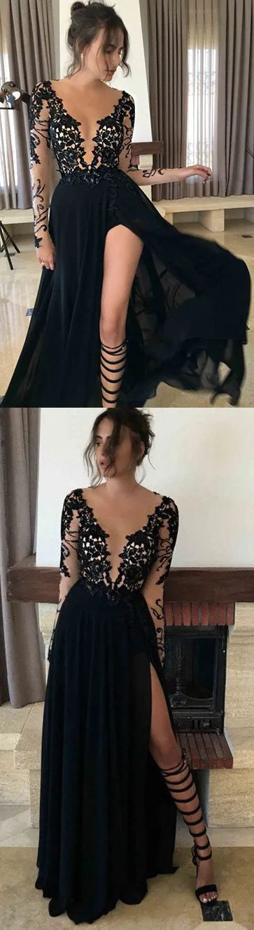 Sheer Lace Top A-line High Slit Black Prom Dress with Long Sleeves