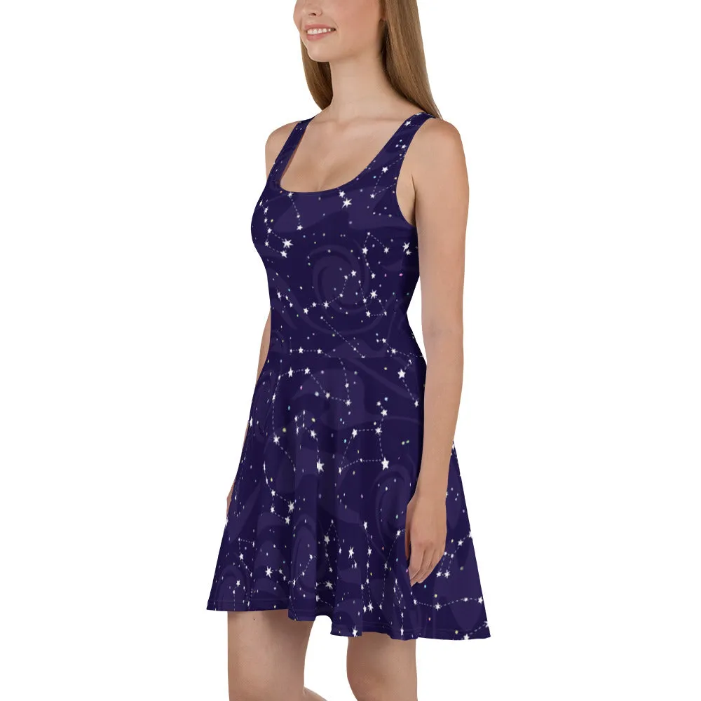 Starry Night Skater Dress, Blue Navy Galaxy Constellation Space Stars Cute Festival Party Tank Dresses Summer Alternative Clothing Celestial