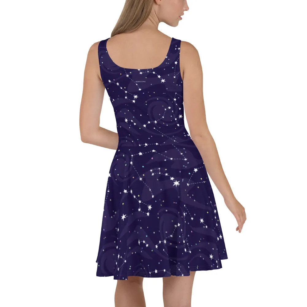 Starry Night Skater Dress, Blue Navy Galaxy Constellation Space Stars Cute Festival Party Tank Dresses Summer Alternative Clothing Celestial