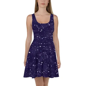 Starry Night Skater Dress, Blue Navy Galaxy Constellation Space Stars Cute Festival Party Tank Dresses Summer Alternative Clothing Celestial