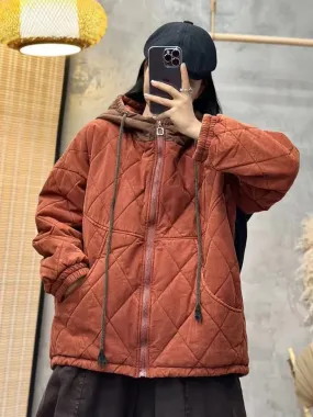 Women Colorblock Cotton Hooded Coat