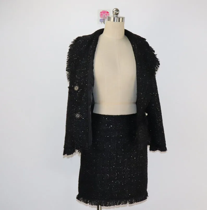 Women's Designer Inspired Custom Sequined Tweed Tassel Fringe Skirt Suit