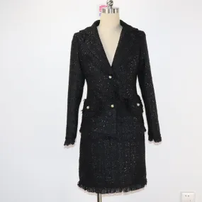 Women's Designer Inspired Custom Sequined Tweed Tassel Fringe Skirt Suit