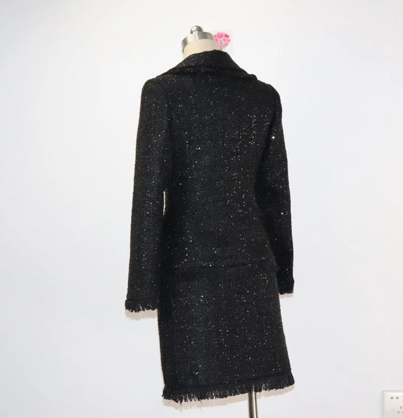 Women's Designer Inspired Custom Sequined Tweed Tassel Fringe Skirt Suit