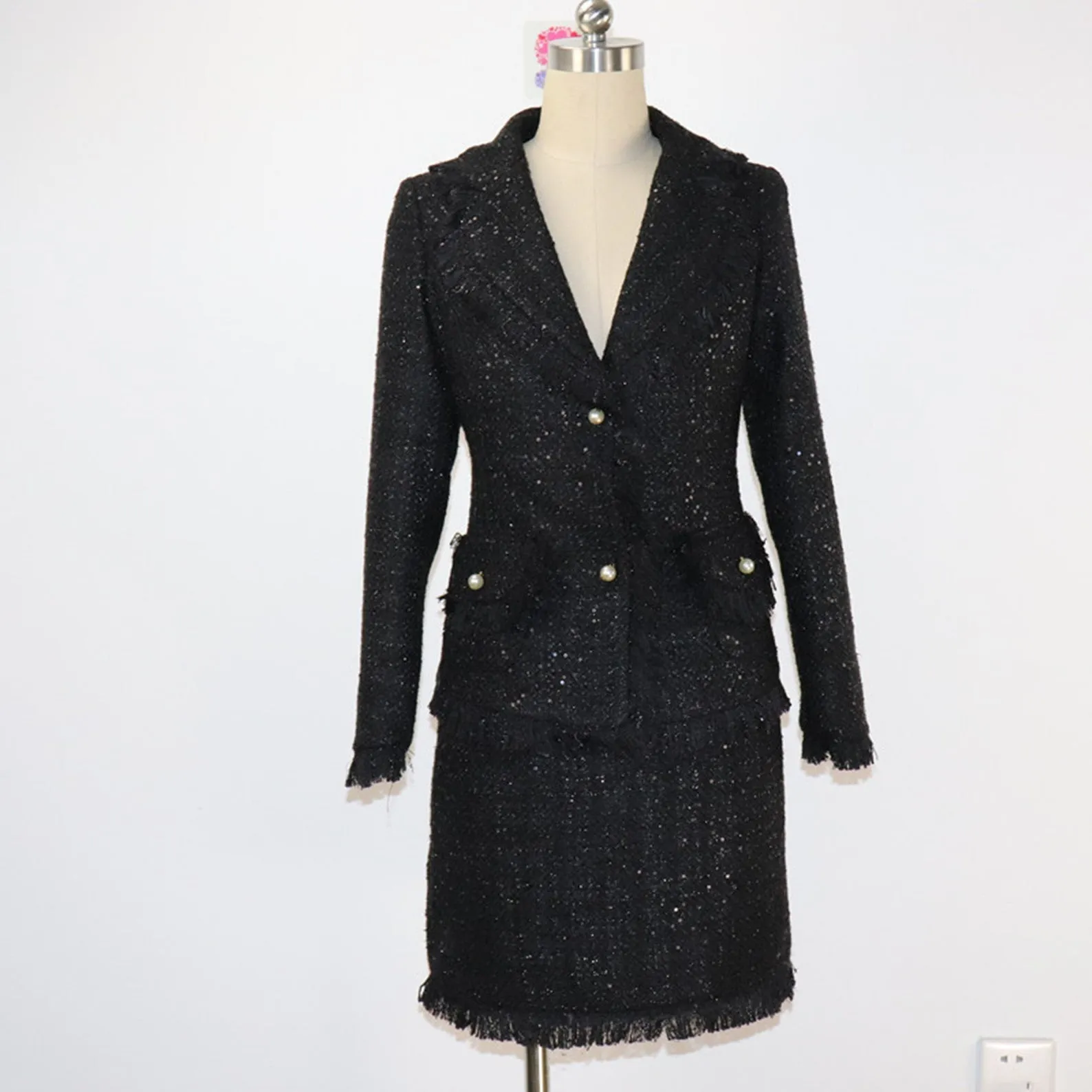 Women's Designer Inspired Custom Sequined Tweed Tassel Fringe Skirt Suit