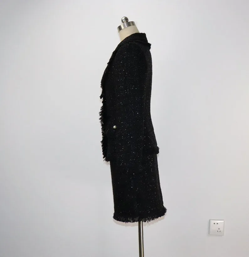 Women's Designer Inspired Custom Sequined Tweed Tassel Fringe Skirt Suit
