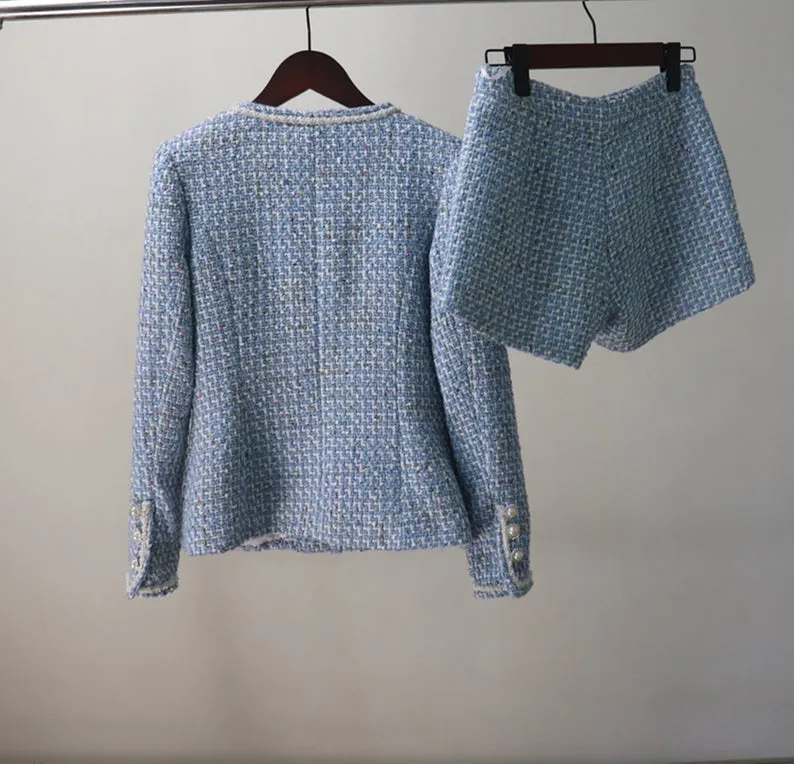 Women's Designer Inspired Pearl Button Sequined Custom Made Tweed Shorts/Skirt Suit