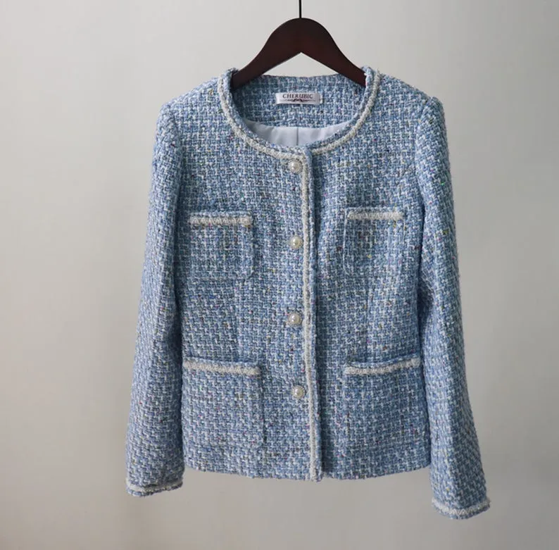 Women's Designer Inspired Pearl Button Sequined Custom Made Tweed Shorts/Skirt Suit