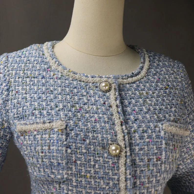 Women's Designer Inspired Pearl Button Sequined Custom Made Tweed Shorts/Skirt Suit