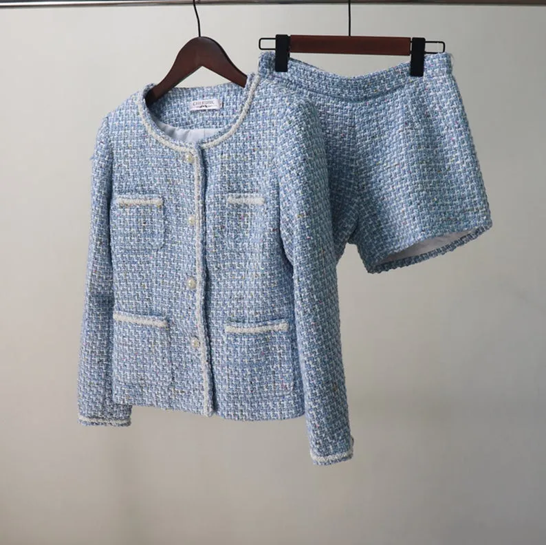 Women's Designer Inspired Pearl Button Sequined Custom Made Tweed Shorts/Skirt Suit