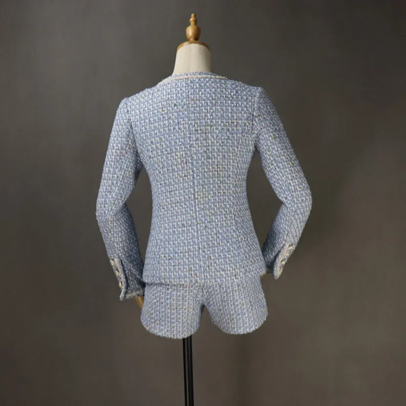 Women's Designer Inspired Pearl Button Sequined Custom Made Tweed Shorts/Skirt Suit