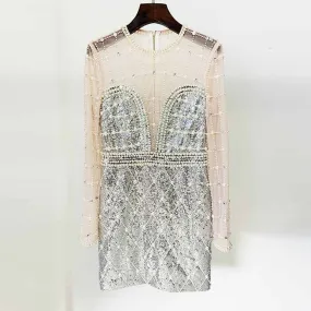 Womne Diamond Glamorous Mini Dress Sequined Long Sleeve Short Prom Dress