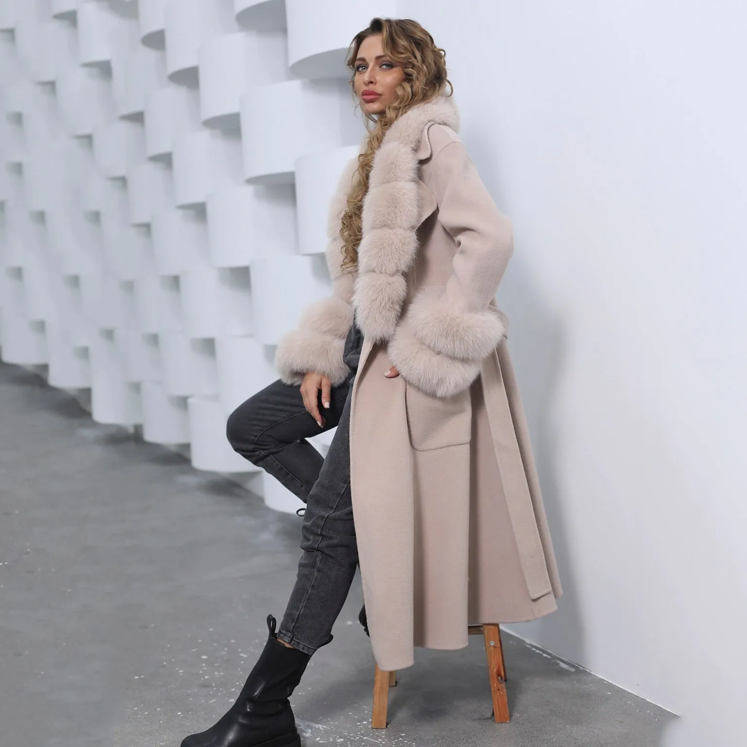 Wool With Real Fox Fur Collar Cuff Slim Fit Elegant Belted Cashmere Long Coat